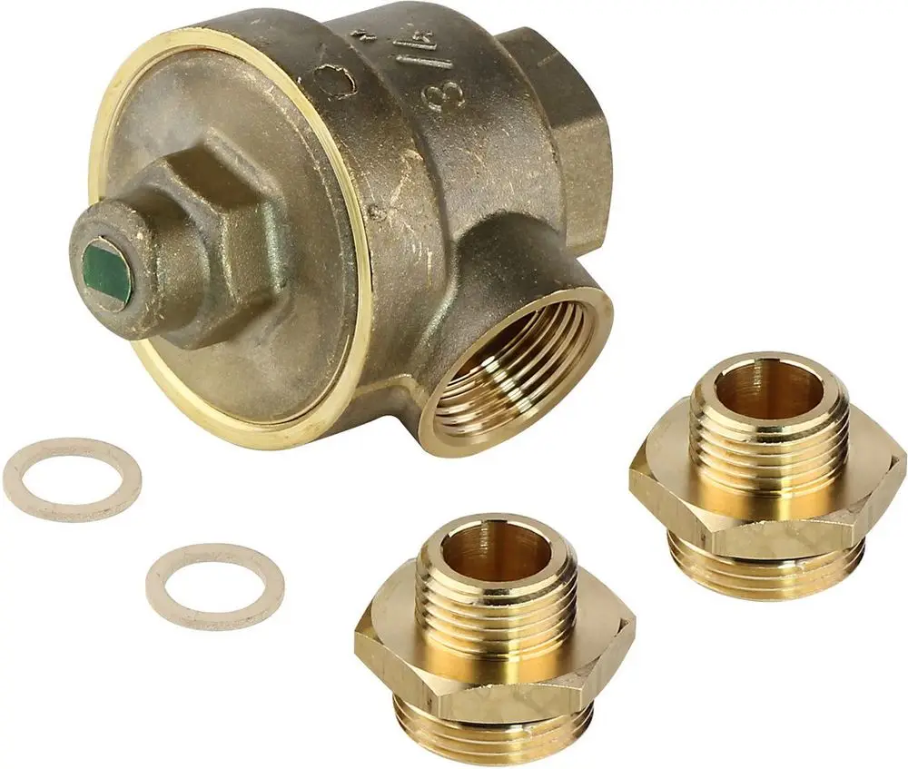 Überströmventil von Bosch mit zwei Anschlussfittings und Dichtungen. Das Ventil hat ein gewindegefertigtes Gehäuse aus Messing.